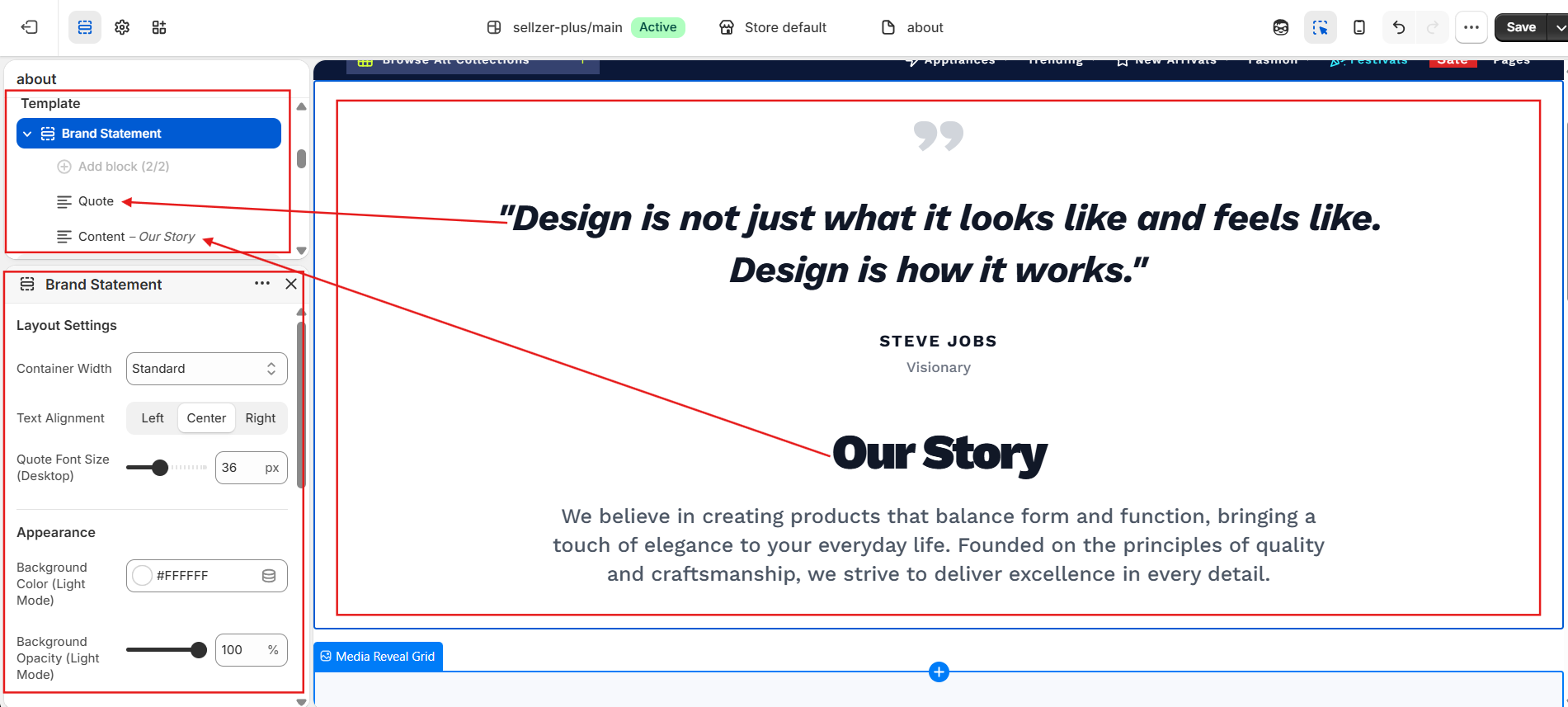 Shopify Theme Editor: Brand Statement Section Preview